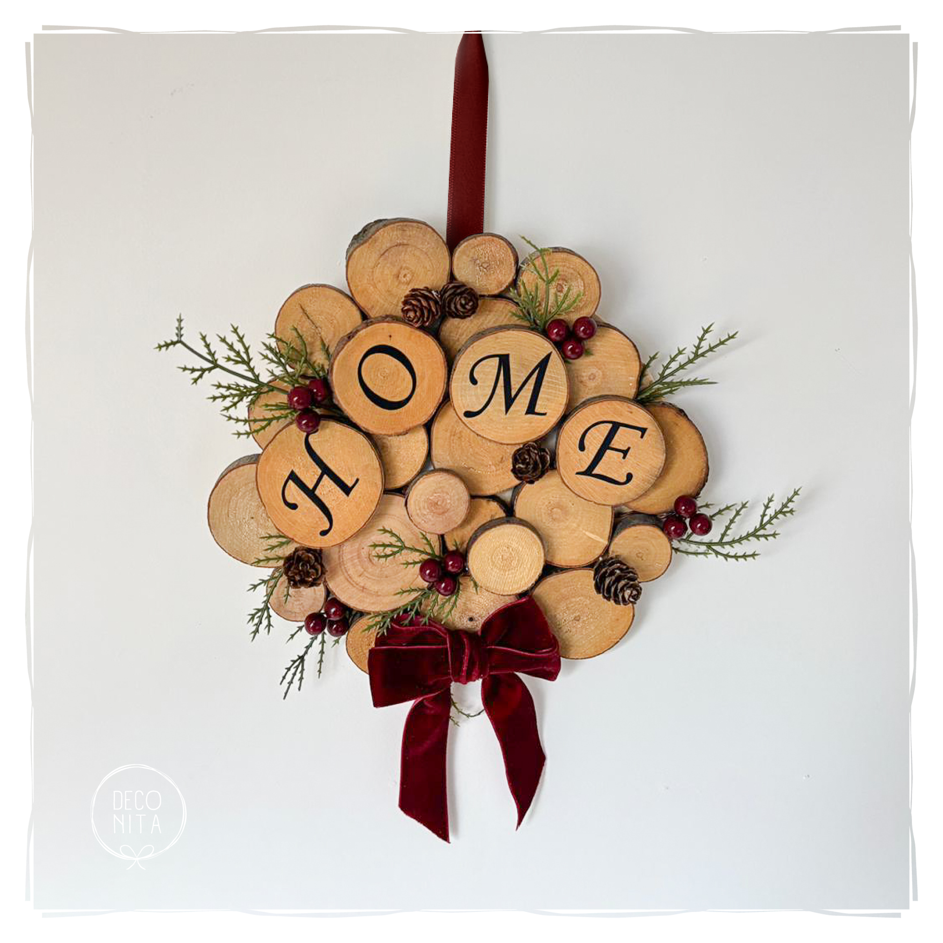 Lighted Christmas Wreath Ring with Red Bow | LED Holiday Wall Decor | Handmade Xmas Light Hoop by Deconita