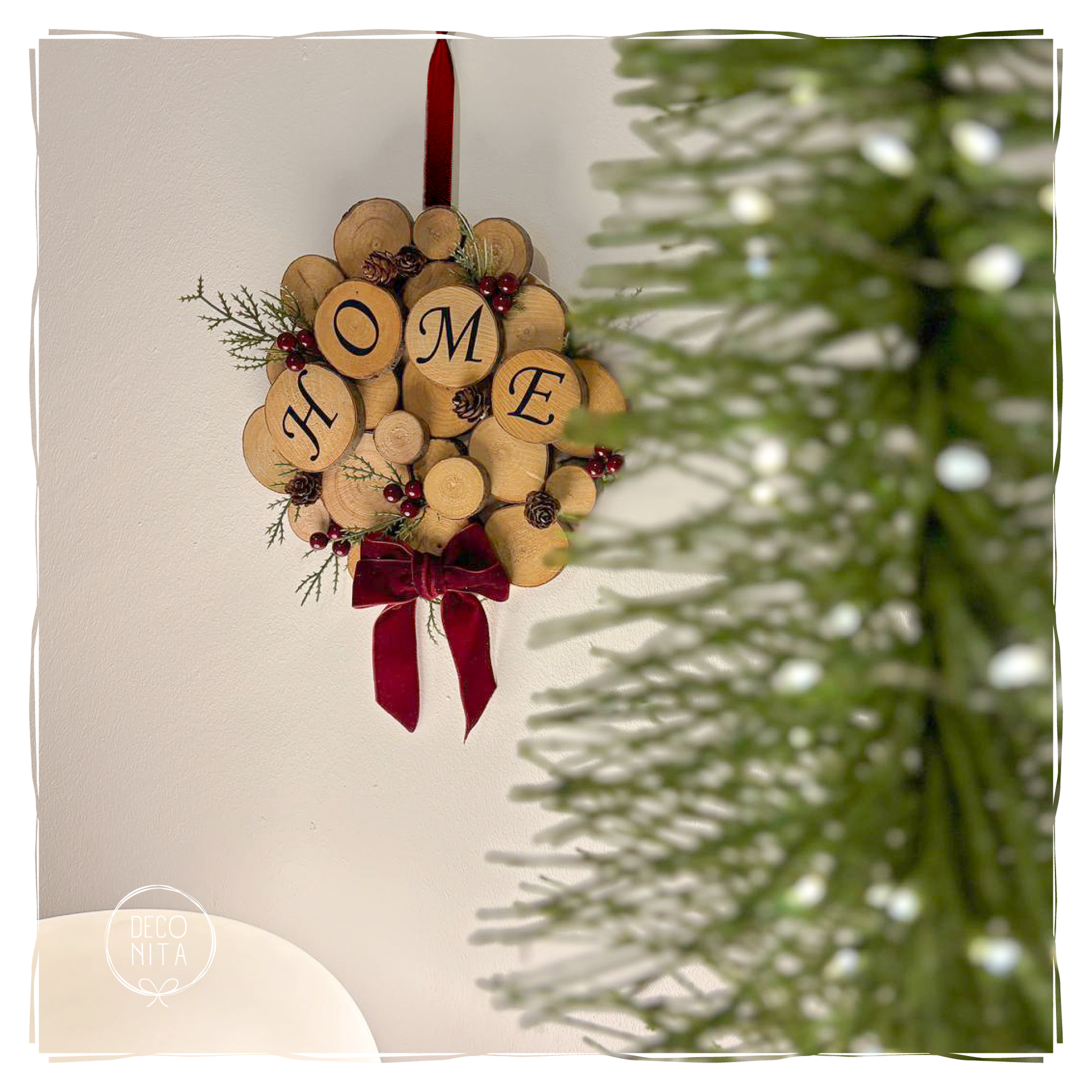 Lighted Christmas Wreath Ring with Red Bow | LED Holiday Wall Decor | Handmade Xmas Light Hoop by Deconita