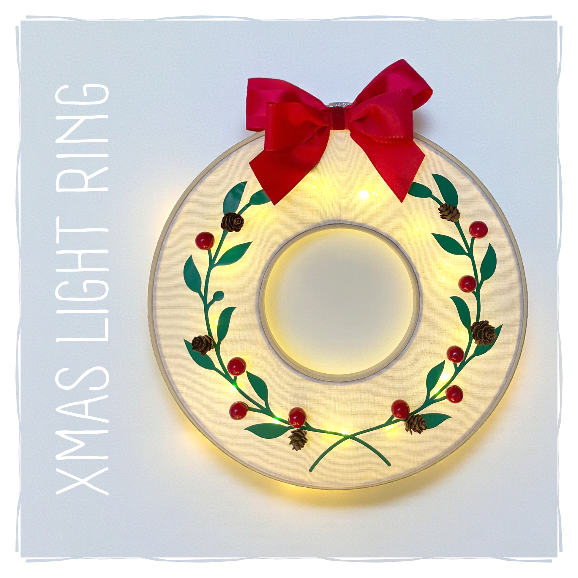 Lighted Christmas Wreath Ring with Red Bow | LED Holiday Wall Decor | Handmade Xmas Light Hoop by Deconita