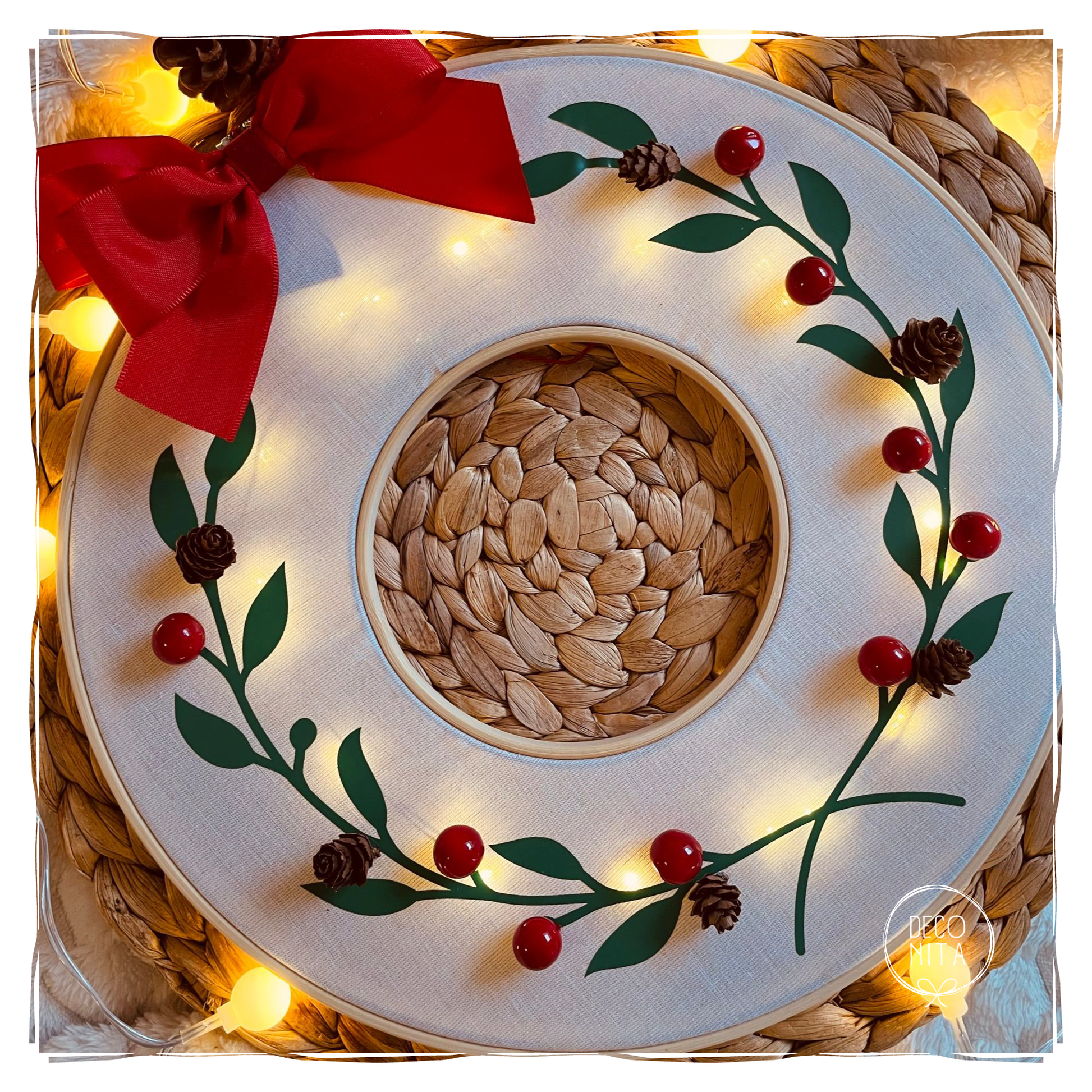 Lighted Christmas Wreath Ring with Red Bow | LED Holiday Wall Decor | Handmade Xmas Light Hoop by Deconita