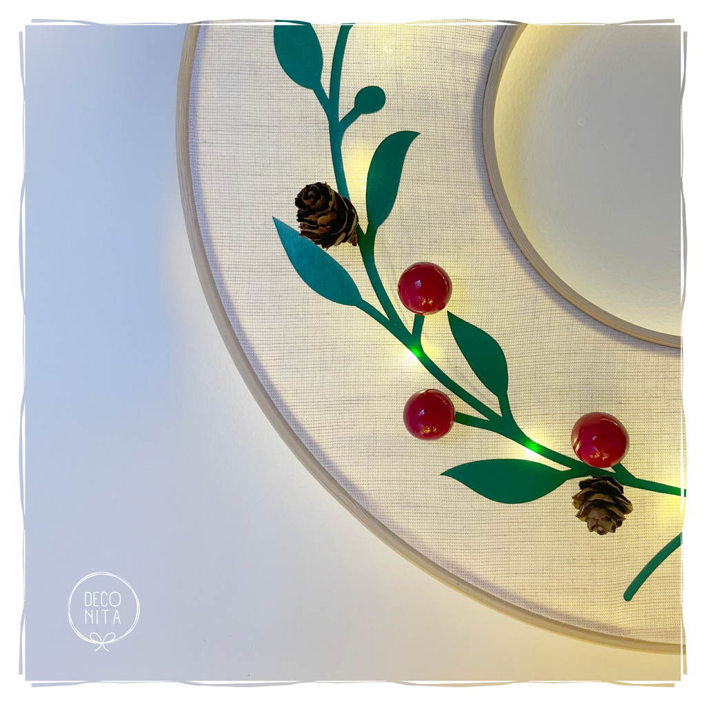 Lighted Christmas Wreath Ring with Red Bow | LED Holiday Wall Decor | Handmade Xmas Light Hoop by Deconita