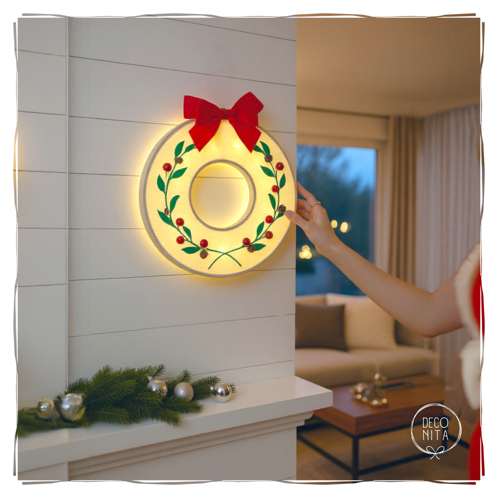 Lighted Christmas Wreath Ring with Red Bow | LED Holiday Wall Decor | Handmade Xmas Light Hoop by Deconita