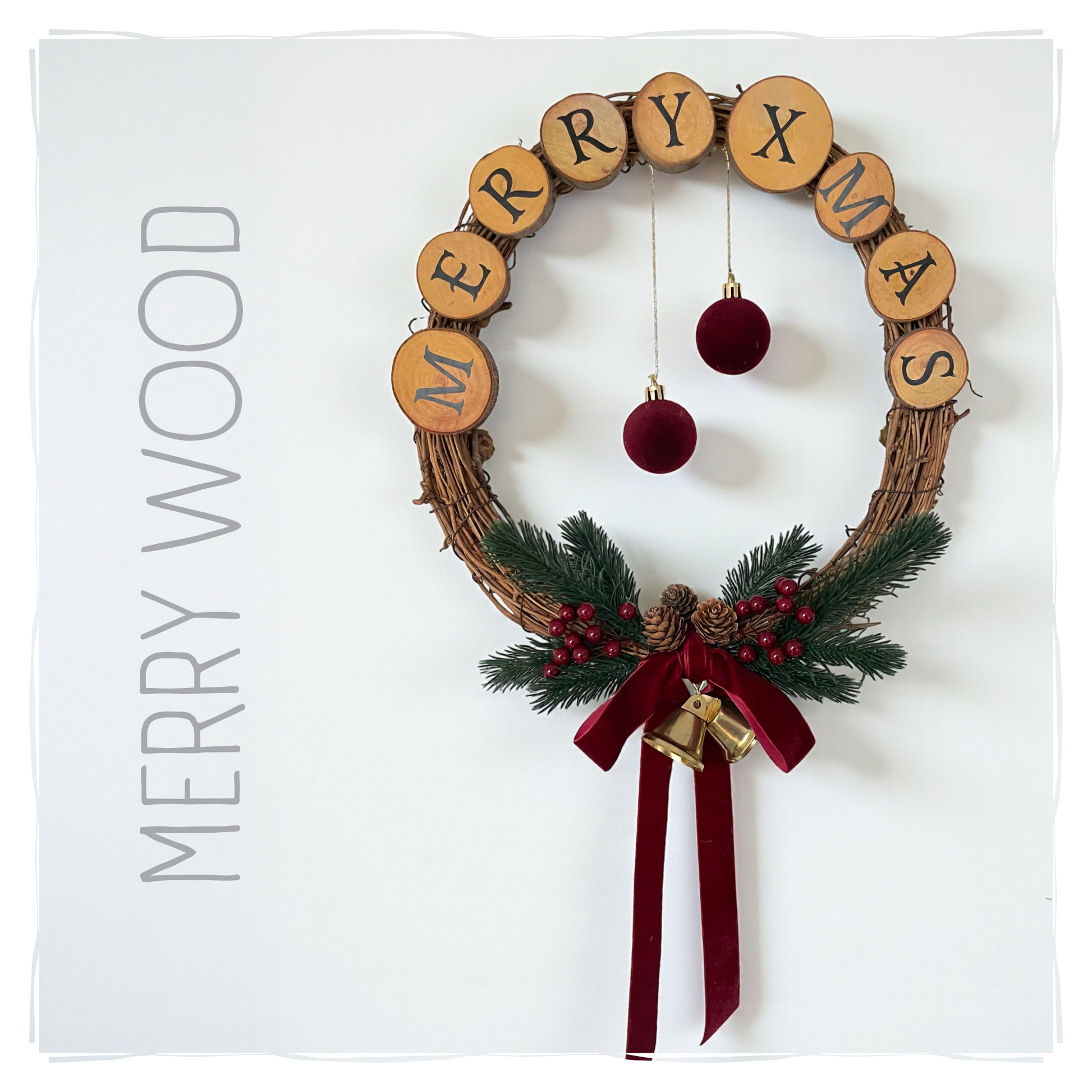 Rustic Christmas Wood Slice Wreath – Handmade Wall Ring with Red Bow and Pinecones