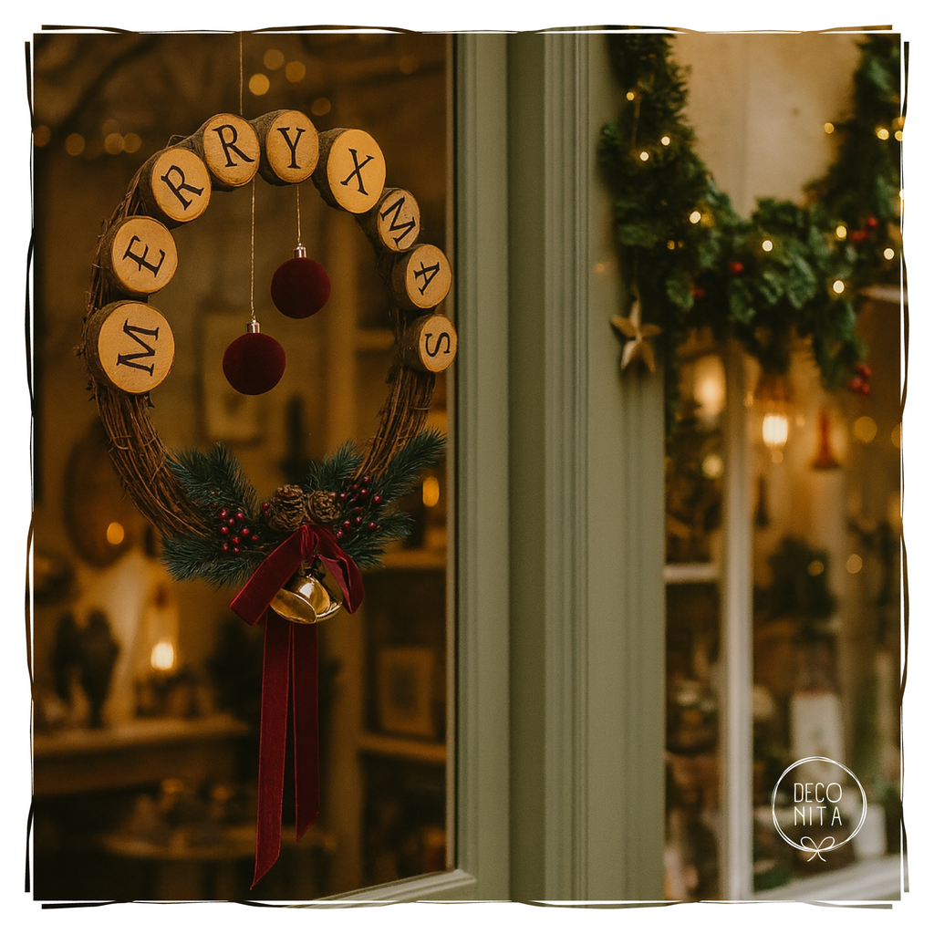 Rustic Christmas Wood Slice Wreath – Handmade Wall Ring with Red Bow and Pinecones